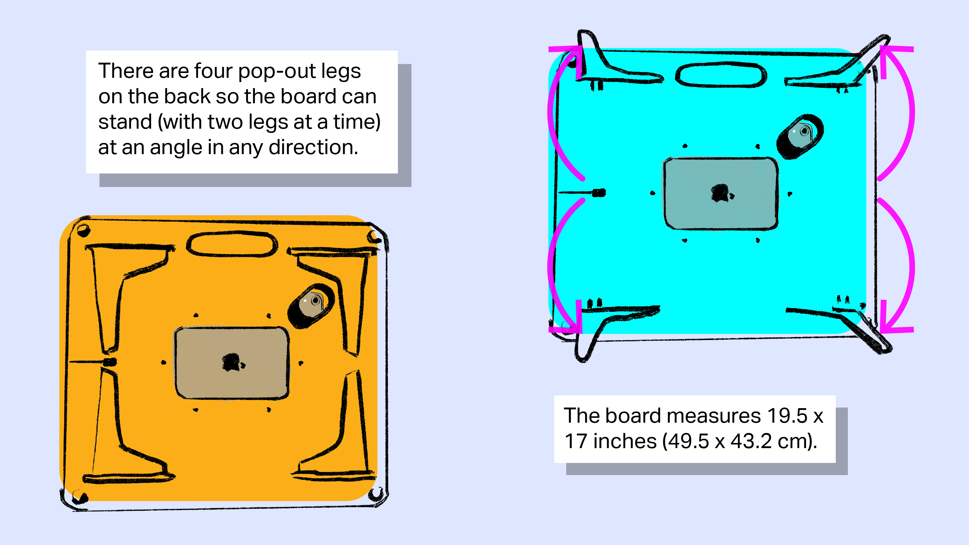 [text] There are four pop-out legs on the back so the board can stand (with two legs at a time) at an angle in any direction. The board measures 19.5 x 17 inches (49.5 x 43.2 cm). [image: two back views of the Sketchboard Pro, one with legs collapsed and one with legs out.]